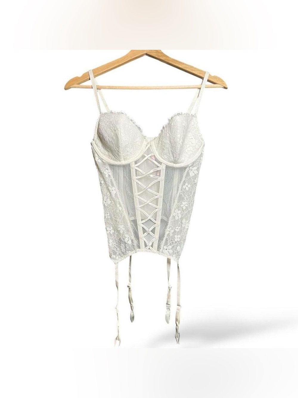 Victoria's Secret Ivory White Angelic Lace Mesh Boned Babydoll Corset Top